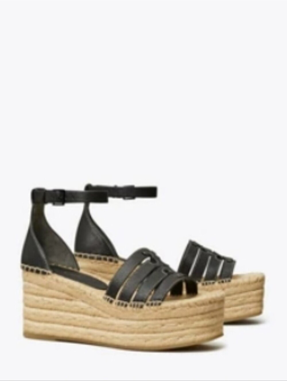 Tory Burch Ines Black Leather Espadrille Platform Wedges